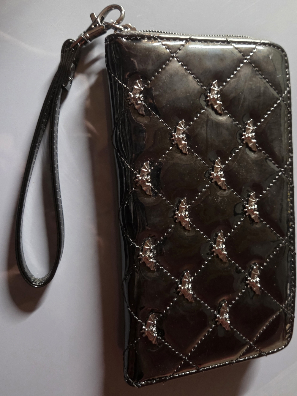 Glossy Black Quilted Patent Wristlet Clutch with Strap